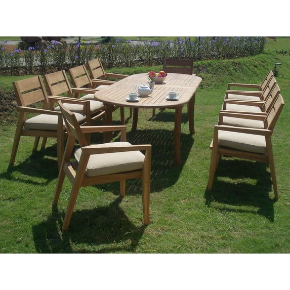 Teak Dining Set:10 Seater 11 Pc - Large 118" Oval Table And 10 Vellore Stacking Arm Chairs Outdoor Patio Grade-A Teak Wood WholesaleTeak #WMDSVLh