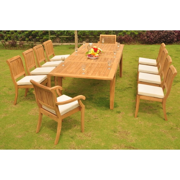 Teak Dining Set: 10 Seater 11 Pc: Large Caranasas 122" Double Extensions Rectangle Dining Table,8 Armless & 2 Arbor Stacking Arm/Captain Chairs Outdoor Patio Grade-A Teak Wood WholesaleTeak #WMDSAB43