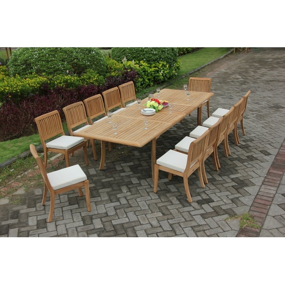 Teak Dining Set: 12 Seater 13 Pc: 117" Double Extensions Rectangle Dining Table & 10 Arbor Stacking Armless Chairs Outdoor Patio Grade-A Teak Wood WholesaleTeak #WMDSAB31