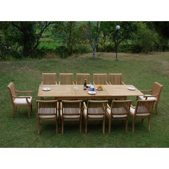Teak Dining Set:12 Seater 13 Pc - 117" Mas Trestle Leg Double Extension Rectangle Table 12 Giva Arm / Captain Chairs Outdoor Patio Grade-A Teak Wood WholesaleTeak #WMDSGVr