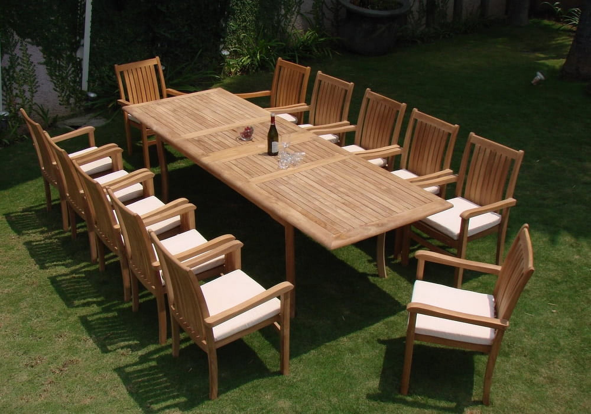 Teak Dining Set:12 Seater 13 Pc - 117" Rectangle Table And 12 Cahyo Stacking Arm Chairs Outdoor Patio Grade-A Teak Wood WholesaleTeak #WMDSCHe