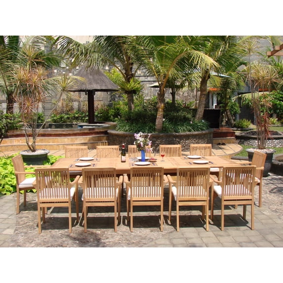 Teak Dining Set:12 Seater 13 Pc Atnas 118" Premium Double Extension Rectangle Table, 12 Lua Stacking Arm Chairs Outdoor Patio Grade-A Teak Wood WholesaleTeak #WMDSLUh