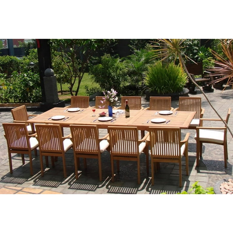 Teak Dining Set 12 Seater 13 Pc Large 117 Rectangle Table And 12 Lua Stacking Arm Chairs Outdoor Patio Grade A Teak Wood WholesaleTeak WMDSLUm Walmart