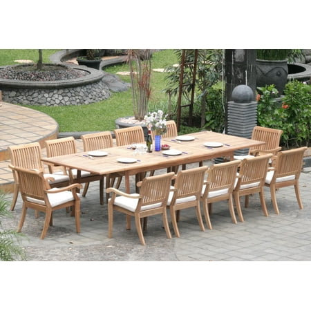 Teak Dining Set:12 Seater 13 Pc - Large 117" Rectangle Table and 12 Stacking Arbor Arm Chairs Outdoor Patio Grade-A Teak Wood WholesaleTeak #WMDSABo
