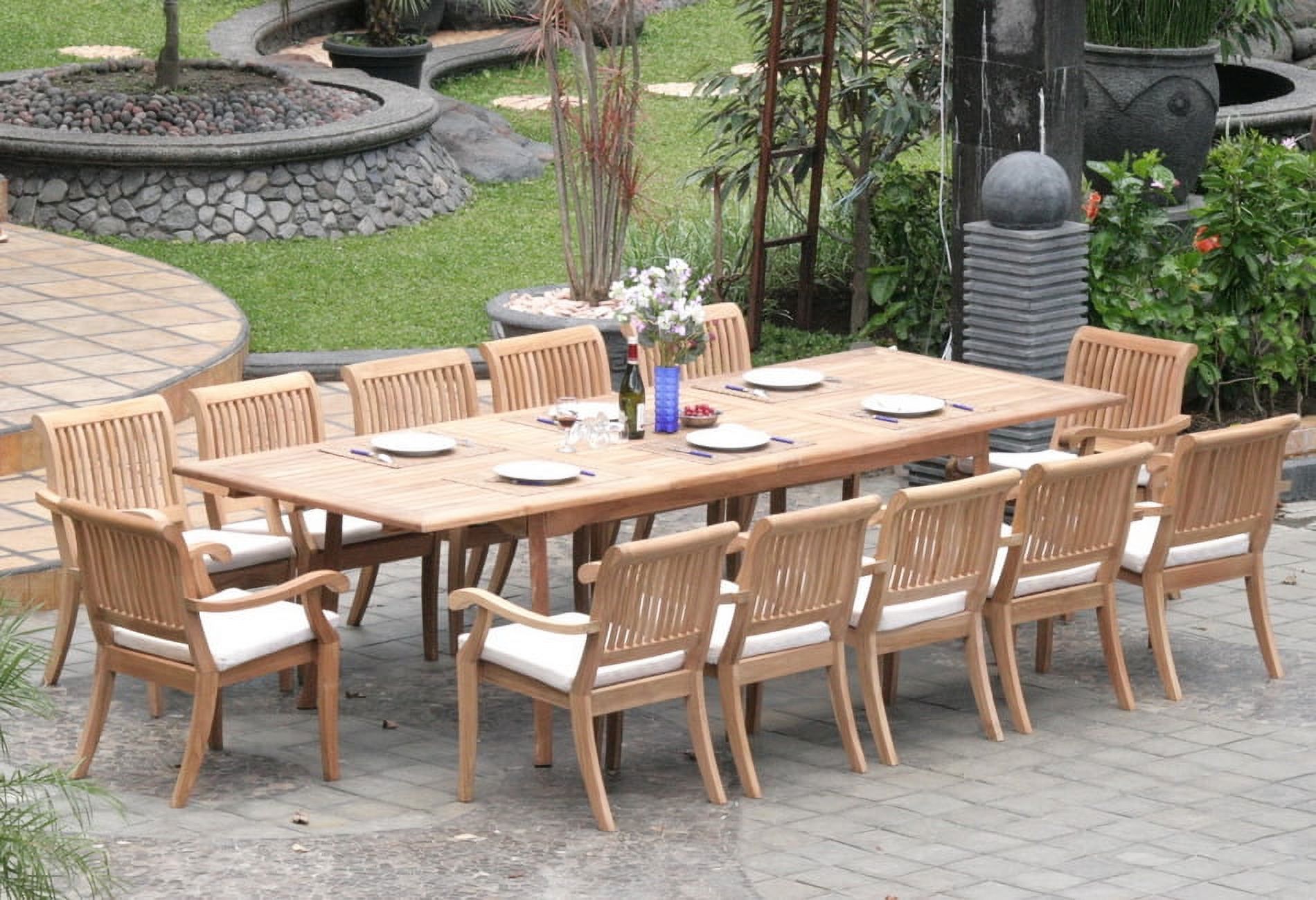 Teak Dining Set:12 Seater 13 Pc - Very Large Atnas 118" Premium Dining Table and 12 Arbor Stacking Arm Chairs Outdoor Patio Grade-A Teak Wood WholesaleTeak #WMDSABl - image 1 of 3