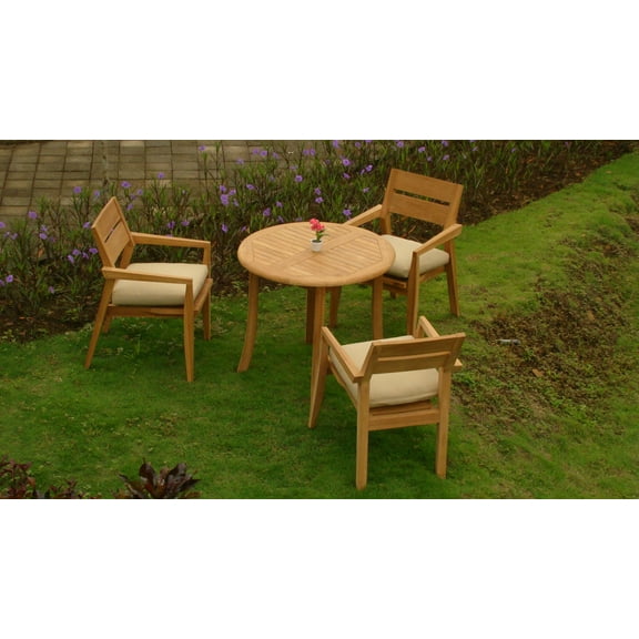 Teak Dining Set:3 Seater 4 Pc - 36" Round Table And 3 Vellore Stacking Arm Chairs Outdoor Patio Grade-A Teak Wood WholesaleTeak #WMDSVL2