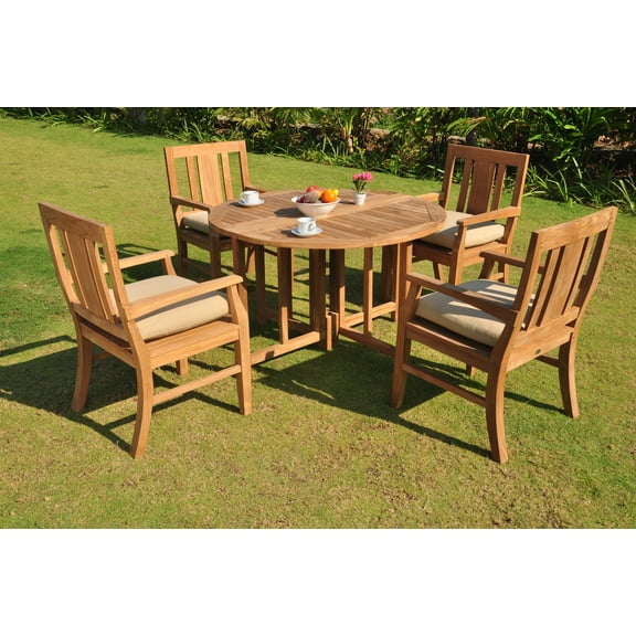 Teak Dining Set:4 Seater 5 Pc - 48" Round Butterfly Table And 4 Osborne Arm Chairs Outdoor Patio Grade-A Teak Wood WholesaleTeak #WMDSOS3