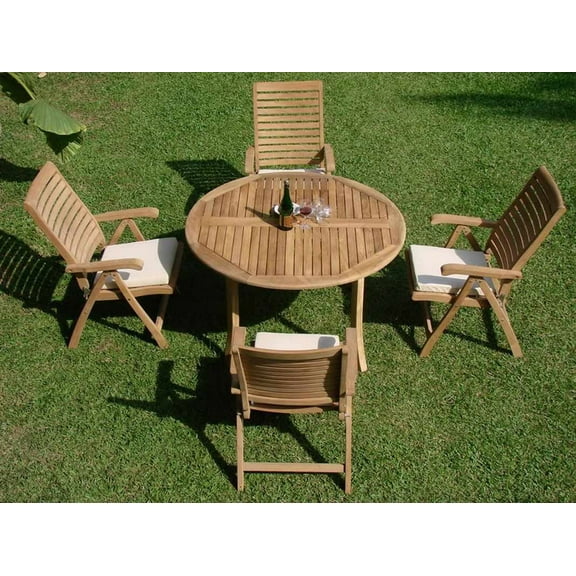 Teak Dining Set:4 Seater 5 Pc -52" Round Table And 4 Ashley Reclining Arm Chairs Outdoor Patio Grade-A Teak Wood WholesaleTeak #WMDSAS3