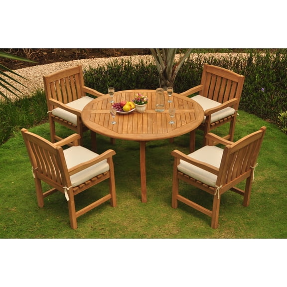 Teak Dining Set: 4 Seater 5 Pc: 52" Round Table And 4 Devon Captain/Arm Chairs Outdoor Patio Grade-A Teak Wood WholesaleTeak #WMDSDVg