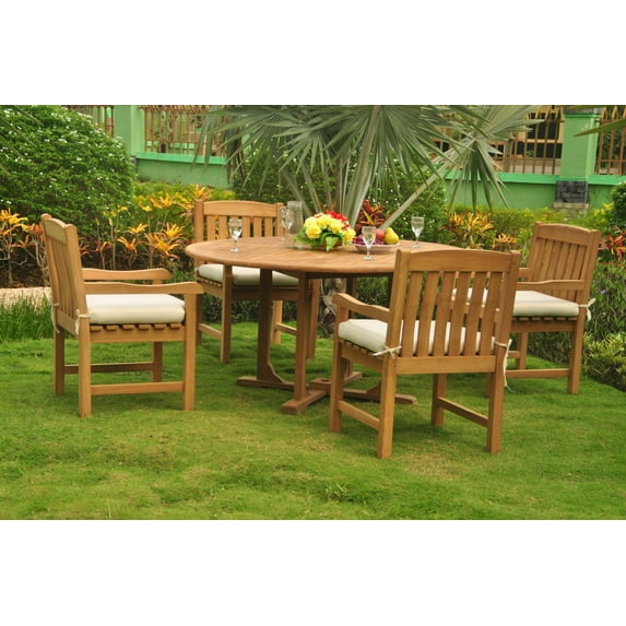 Teak Dining Set: 4 Seater 5 Pc: 60" Round Dining Table And 4 Devon Arm/Captain Chairs Outdoor Patio Grade-A Teak Wood WholesaleTeak #WMDSDVl