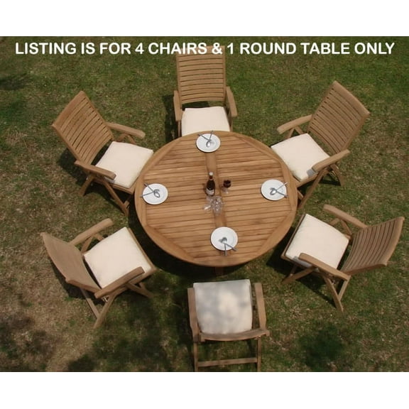 Teak Dining Set:4 Seater 5 Pc - 60" Round Table And 4 Ashley Reclining Arm Chairs Outdoor Patio Grade-A Teak Wood WholesaleTeak #WMDSAS4