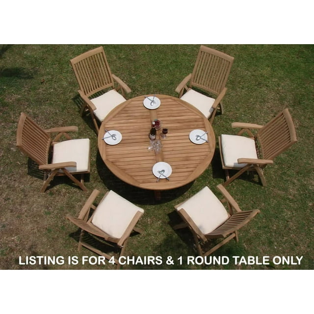 Teak Dining Set:4 Seater 5 Pc - 60" Round Table And 4 Marley Reclining Arm Chairs Outdoor Patio Grade-A Teak Wood WholesaleTeak #WMDSMR3