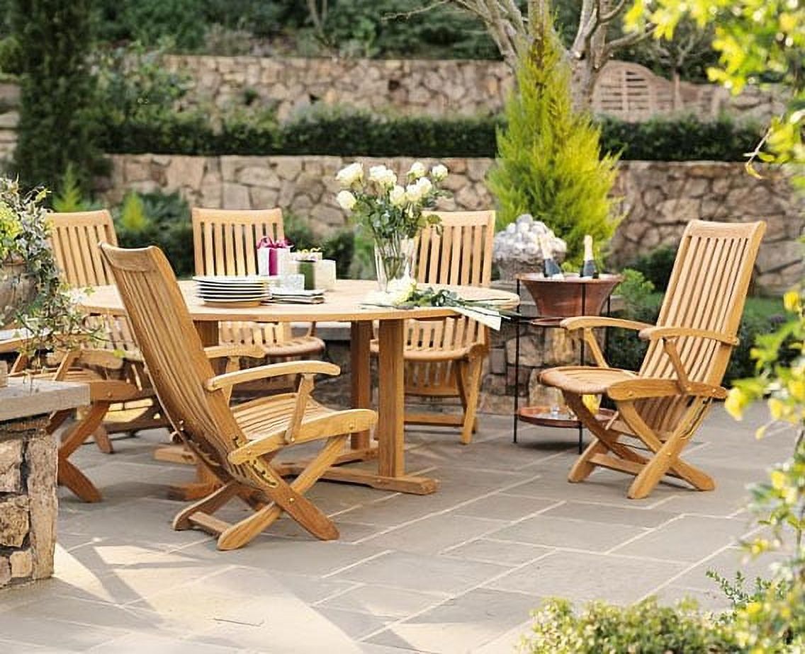 Teak Dining Set:4 Seater 5 Pc - 60" Round Table And 4 Multi Position Folding Reclining Warwick Arm Chairs Outdoor Patio Grade-A Teak Wood WholesaleTeak #WMDSWR1 - image 1 of 4