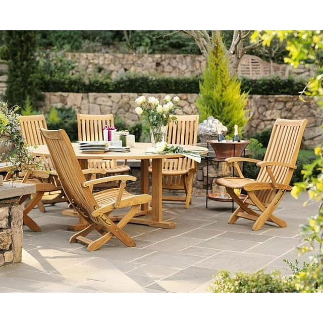 Teak Dining Set:4 Seater 5 Pc - 60" Round Table And 4 Multi Position Folding Reclining Warwick Arm Chairs Outdoor Patio Grade-A Teak Wood WholesaleTeak #WMDSWR1