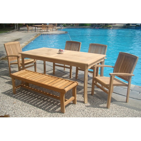 Teak Dining Set:6 Pc - 71" Rectangle Table, 4 Wave Stacking Arm Chairs with 55" Backless Bench Outdoor Patio Grade-A Teak Wood WholesaleTeak #WMDSWV5