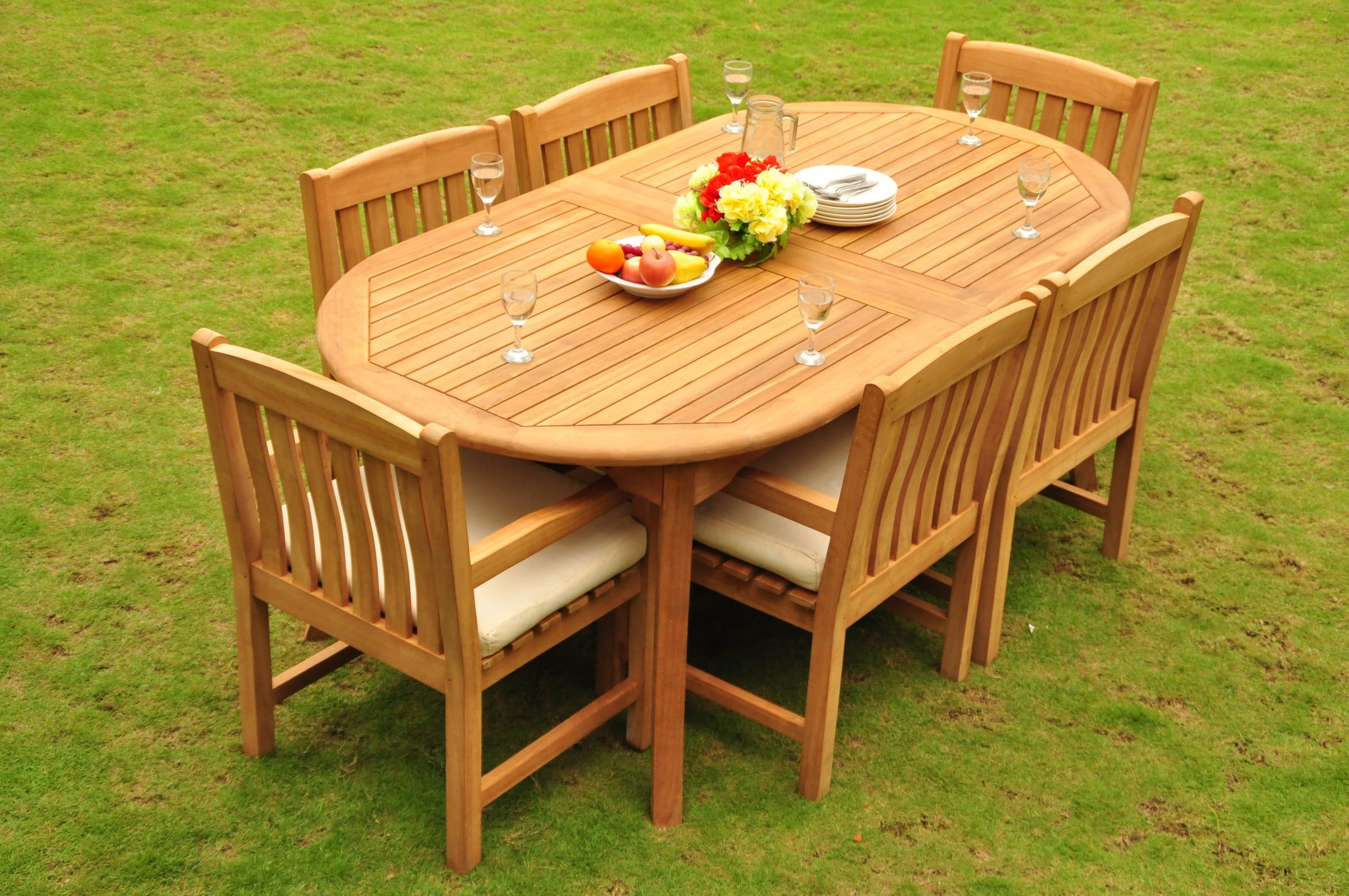 Teak Dining Set: 6 Seater 7 Pc: 117" Double Extensions Oval Dining ...