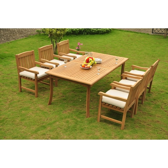 Teak Dining Set: 6 Seater 7 Pc: 117" Double Extensions Rectangle Dining Table & 6 Devon Arm/Captain Chairs Outdoor Patio Grade-A Teak Wood WholesaleTeak #WMDSDVt