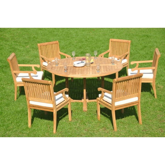 Teak Dining Set:6 Seater 7 Pc - 60" Round Table And 6 Sack Arm Chairs Outdoor Patio Grade-A Teak Wood WholesaleTeak #WMDSSK2