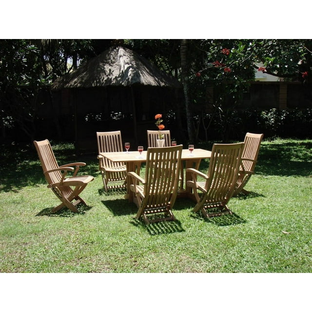 Teak Dining Set:6 Seater 7 Pc - 69" Warwick Dining Rectangle Table And 6 Multi Position Folding Reclining Warwick Arm Chairs Outdoor Patio Grade-A Teak Wood WholesaleTeak #WMDSWR3