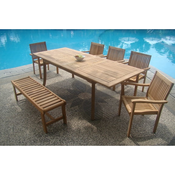 Teak Dining Set:6 Seater 7 Pc - 94" Double Extension Rectangle Table, 5 Stacking Leveb Arm Chairs with 55" Backless Bench Outdoor Patio Grade-A Teak Wood WholesaleTeak #WMDSLVa
