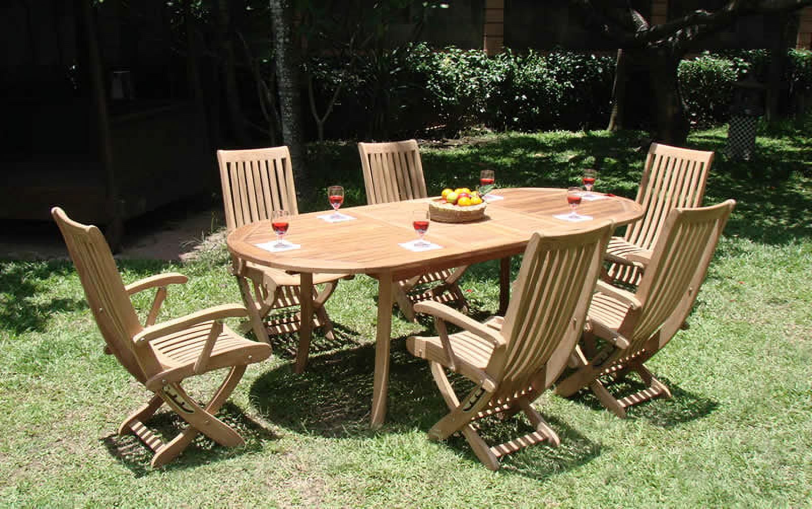 Teak Dining Set:6 Seater 7 Pc - 94" Oval Table And 6 Multi Position Folding Reclining Warwick Arm Chairs Outdoor Patio Grade-A Teak Wood WholesaleTeak #WMDSWR4 - image 1 of 4