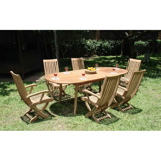 Teak Dining Set:6 Seater 7 Pc - 94" Oval Table And 6 Multi Position Folding Reclining Warwick Arm Chairs Outdoor Patio Grade-A Teak Wood WholesaleTeak #WMDSWR4