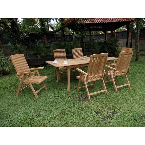 Teak Dining Set:6 Seater 7 Pc - 94" Rectangle Table And 6 Marley Reclining Arm Chairs Outdoor Patio Grade-A Teak Wood WholesaleTeak #WMDSMR8