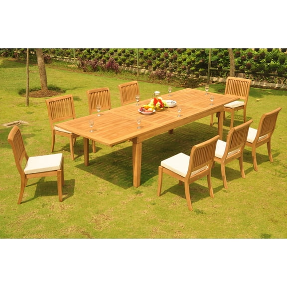 Teak Dining Set: 6 Seater 7 Pc: Large Caranasas 122" Double Extensions Premium Rectangle Dining Table & 6 Armless Arbor Stacking Chairs Outdoor Patio Grade-A Teak Wood WholesaleTeak #WMDSAB45