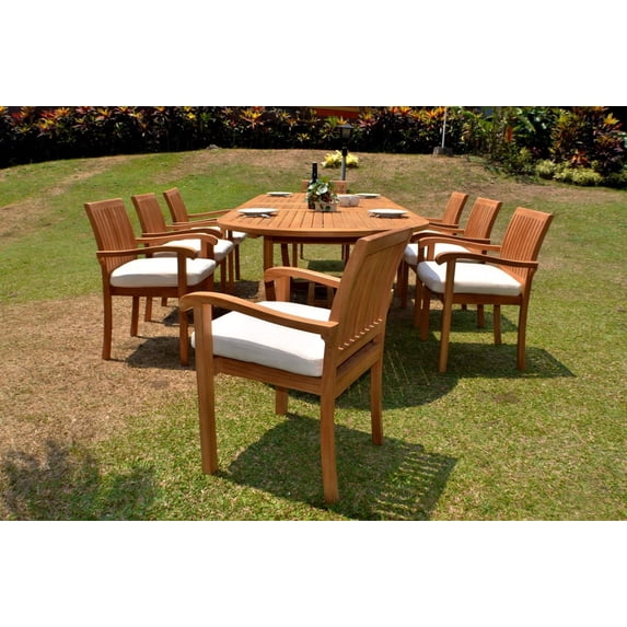 Teak Dining Set:8 Seater 9 Pc -118" Mas Oval Table(Trestle Leg) And 8 Stacking Napa Arm Chairs Outdoor Patio Grade-A Teak Wood WholesaleTeak #WMDSNPs