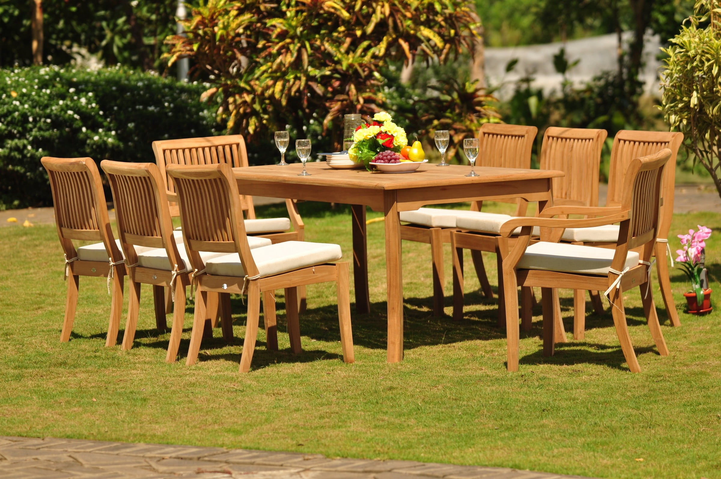 Teak Dining Set: 8 Seater 9 Pc: 71" Rectangle Table & 2 Stacking Arbor ...