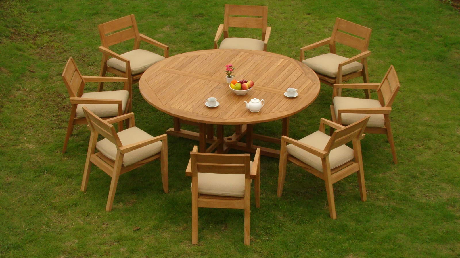 Teak Dining Set:8 Seater 9 Pc - 72" Round Table And 8 Vellore Stacking ...