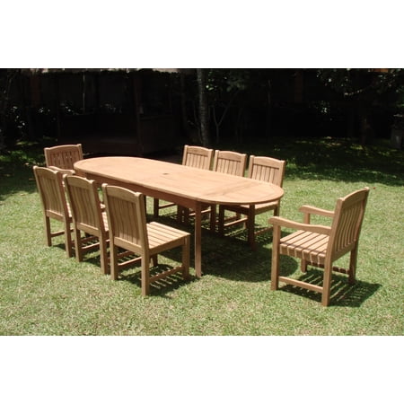 Teak Dining Set:8 Seater 9 Pc - 94" Double Extension Oval Table, 6 Armless and 2 Arm / Captain Devon Chairs Outdoor Patio Grade-A Teak Wood WholesaleTeak #WMDSDV4