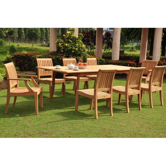 Teak Dining Set:8 Seater 9 Pc - 94" Double Extension Rectangle Table & 8 Lagos Chairs (6 Armless & 2 Arm / Captain) Outdoor Patio Grade-A Teak Wood WholesaleTeak #WMDSLG9