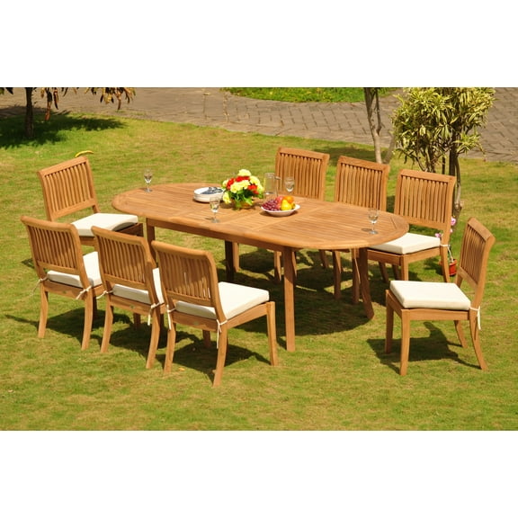 Teak Dining Set: 8 Seater 9 Pc: 94" Oval Table & 8 Stacking Arbor Armless Chairs Outdoor Patio Grade-A Teak Wood WholesaleTeak #WMDSABw