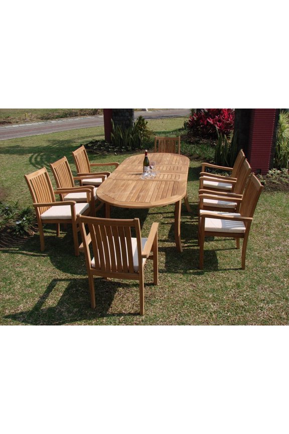 Teak Dining Set:8 Seater 9 Pc - 94" Oval Table And 8 Cahyo Stacking Arm Chairs Outdoor Patio Grade-A Teak Wood WholesaleTeak #WMDSCH8