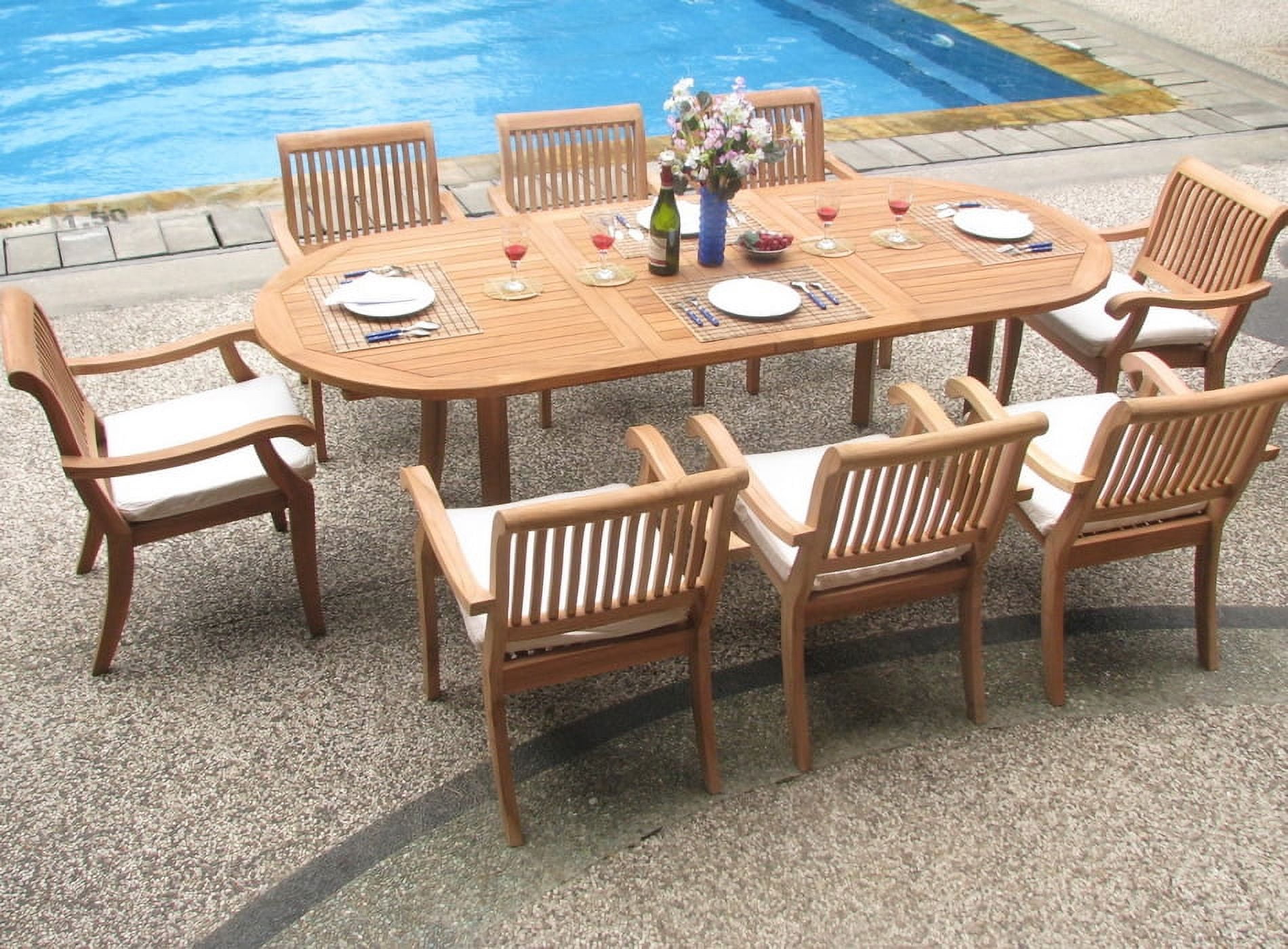 Teak Dining Set 8 Seater 9 Pc 94 Oval Table and 8 Stacking Arbor Arm Chairs Outdoor Patio Grade A Teak Wood WholesaleTeak WMDSABg