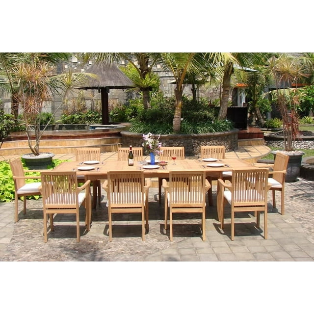 Teak Dining Set:8 Seater 9 Pc - 94" Rectangle Table And 8 Lua Stacking Arm Chairs Outdoor Patio Grade-A Teak Wood WholesaleTeak #WMDSLUd