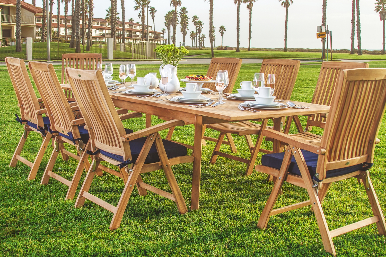 Teak Dining Set:8 Seater 9 Pc - 94" Rectangle Table And 8 Marley Reclining Arm Chairs Outdoor Patio Grade-A Teak Wood WholesaleTeak #WMDSMRc - image 1 of 3