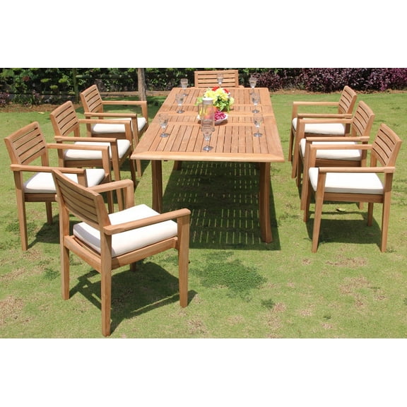 Teak Dining Set:8 Seater 9 Pc - 94" Rectangle Table and 8 Montana Stacking Arm Chairs Outdoor Patio Grade-A Teak Wood WholesaleTeak #WMDSMTb