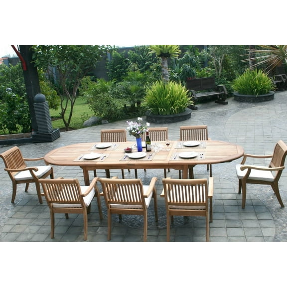 Teak Dining Set:8 Seater 9 Pc - Large 117" Oval Table and 8 Stacking Arbor Arm Chairs Outdoor Patio Grade-A Teak Wood WholesaleTeak #WMDSABe