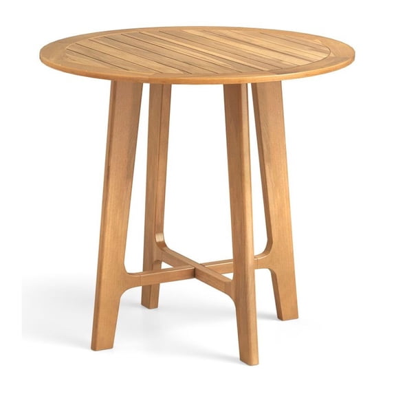 Teak Dining Table 31.5 Inch Round Outdoor Patio Table - Natural Wood Slatted Tabletop with X-Legs for Garden, Backyard, Deck