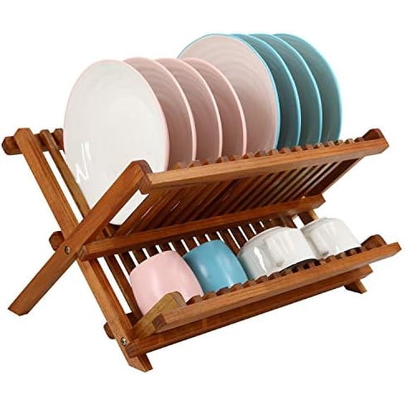 Teak Dish Drainer Rack Collapsible 2 Tier Dish Rack Dish Drying Rack Foldable Plate Organizer Holder for Kitchen Compact Countertop