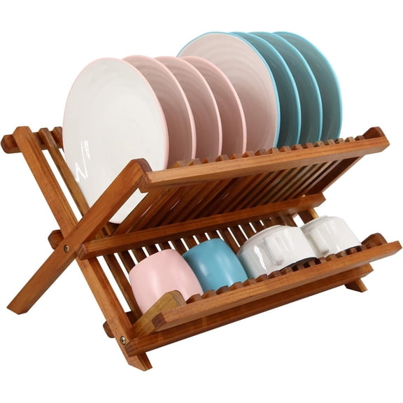 Teak Dish Drainer Rack Collapsible 2 Tier Dish Rack Dish Drying Rack Foldable Plate Organizer Holder for Kitchen Compact Countertop