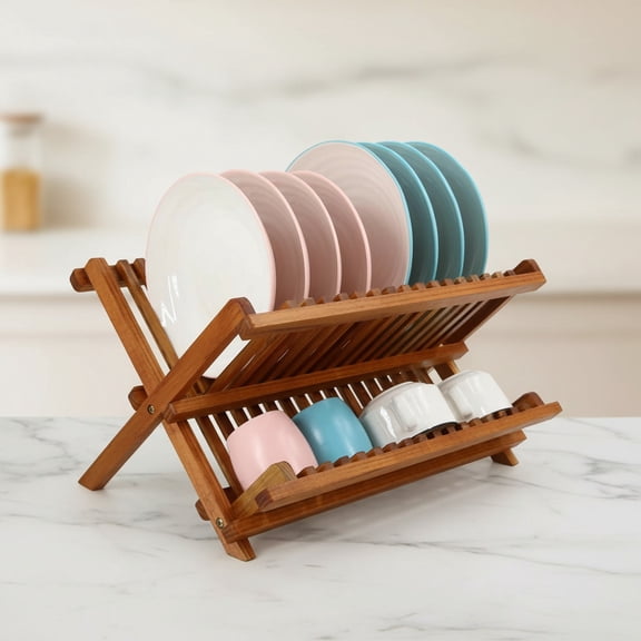 Teak Dish Drainer Rack Collapsible 2 Tier Dish Rack Dish Drying Rack Foldable Plate Organizer Holder for Kitchen Compact Countertop