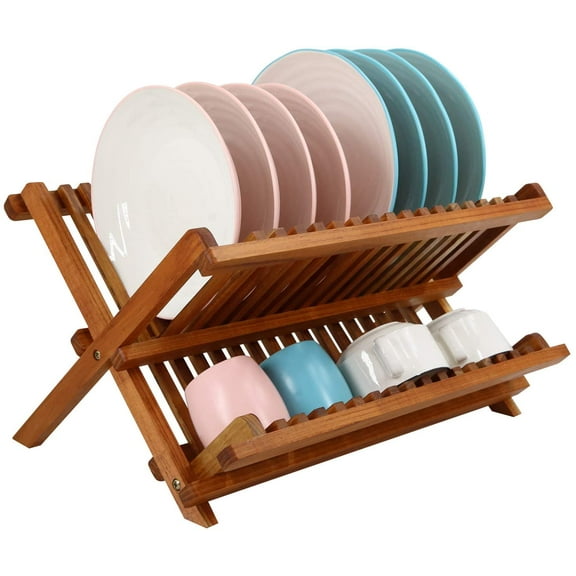 Teak Dish Drainer Rack Collapsible 2 Tier Dish Rack Dish Drying Rack Foldable Plate Organizer Holder for Kitchen Compact Countertop