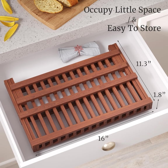 Teak Dish Drying Rack,Folding Collapsible Drainer Plate Organizer Holder for Kitchen,Foldable Spice Rack for Countertop and Cabinet,Pantry Organization and Storage$$Home Decor, Kitchen, & Other