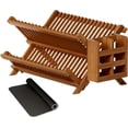 thumbnail image 1 of Teak wood bowl and dish drying rack with utensil rack, 2-layer foldable bowl rack, wooden bowl rack for kitchen counter, foldable drying rack with absorbent dishwashing mat, 1 of 7