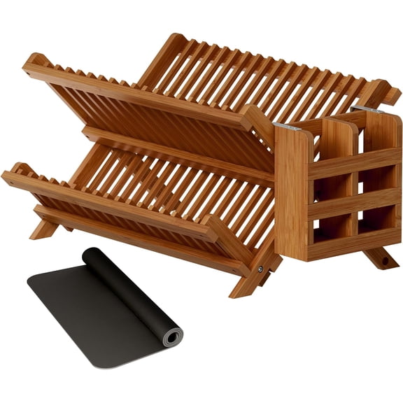 Teak wood bowl and dish drying rack with utensil rack, 2-layer foldable bowl rack, wooden bowl rack for kitchen counter, foldable drying rack with absorbent dishwashing mat