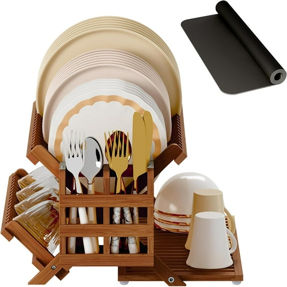 Teak Dish Drying Rack with Utensil Holder, 3 Tier Collapsible Dish Rack, Wooden Dish Racks for Kitchen Counter, Large Folding Drying Holder with Absorbent Dish Drying Mat