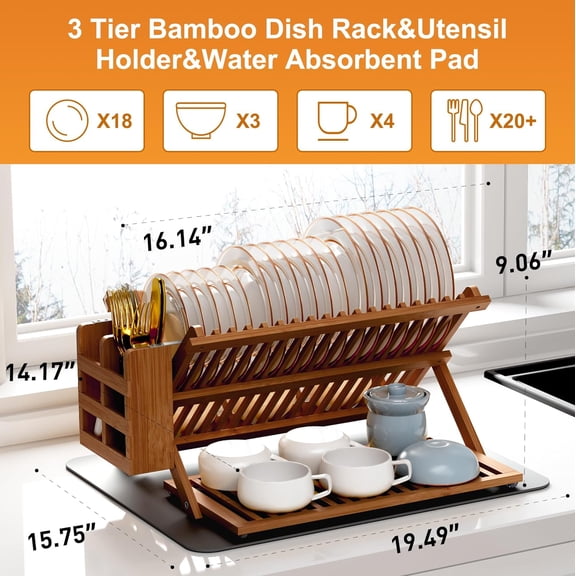 Teak Dish Drying Rack with Utensil Holder, 3 Tier Collapsible Dish Rack for Kitchen Counter